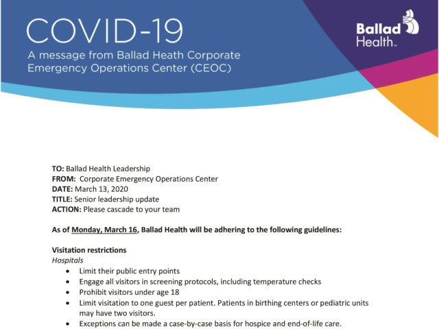 Latest COVID-19 team member update (3-14): Visitor screenings, related marketing items and signage