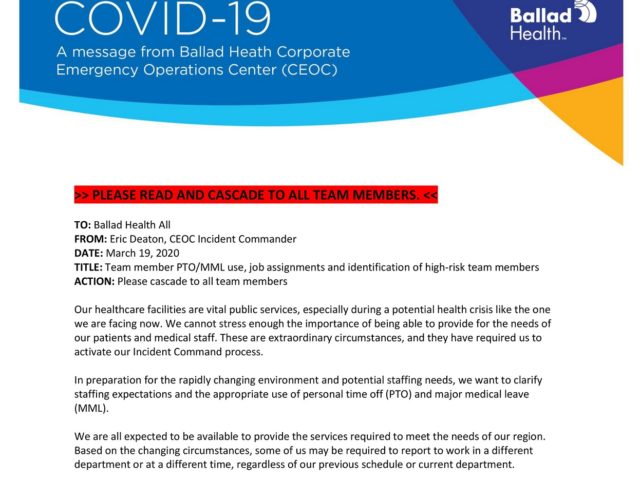 COVID-19 message from CEOC on 3/19 re: PTO, MML, high-risk team members