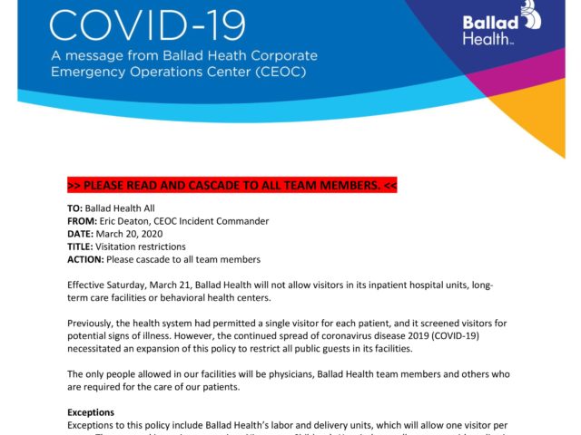 COVID-19 message from CEOC on 3-20 re: updated visitor restrictions