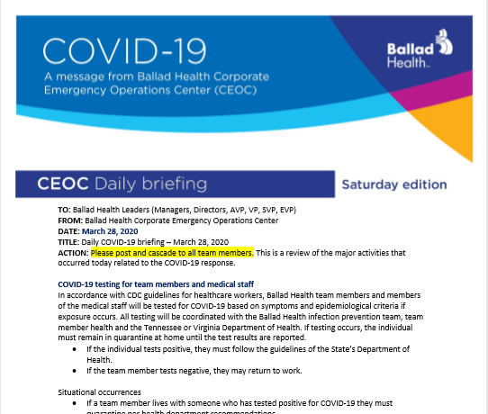 COVID-19 daily briefing (3-28); Testing for team members and medical staff