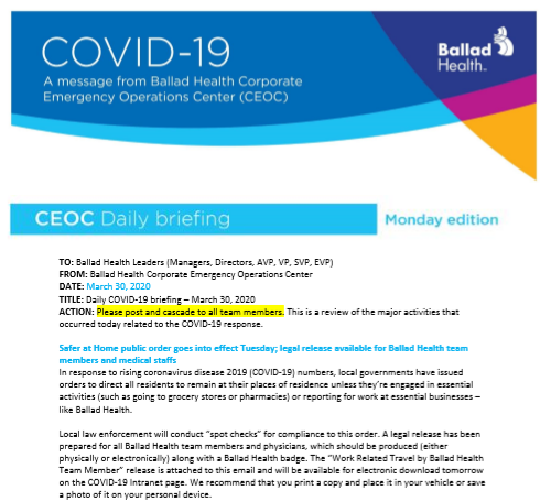 COVID-19 update (3-30): Safer at Home public order goes into effect Tuesday; legal release available for Ballad Health team members, medical staffs