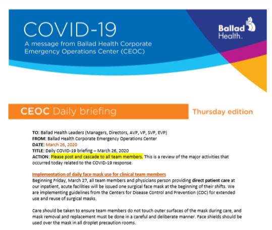 COVID-19 daily briefing (3-26): Daily face mask use for clinical team members