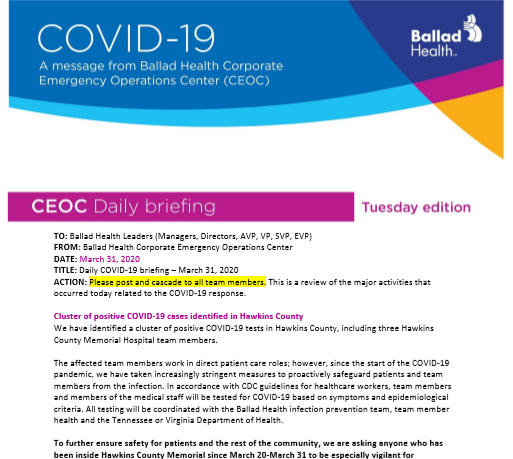 COVID-19 daily briefing (3-31): Cluster of cases in Hawkins County