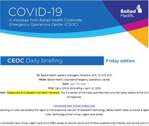 COVID-19 daily briefing (4-10): Connected Care Virtual Urgent Care Clinics