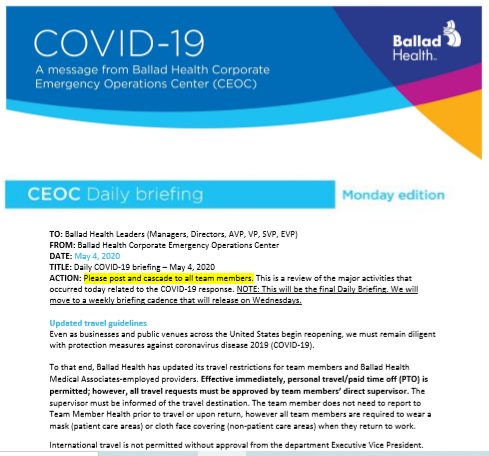 COVID-19 daily briefing (5-4): Updated travel guidelines for team members