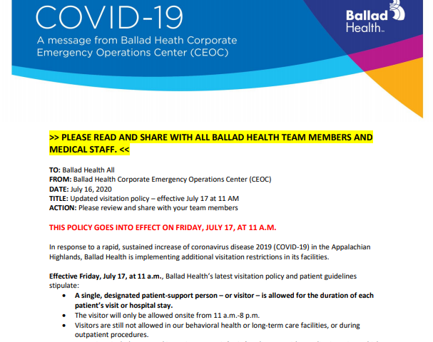 COVID-19 briefing (7-16-2020): Updated visitation policy in effect as of Friday, July 17, at 11 a.m.