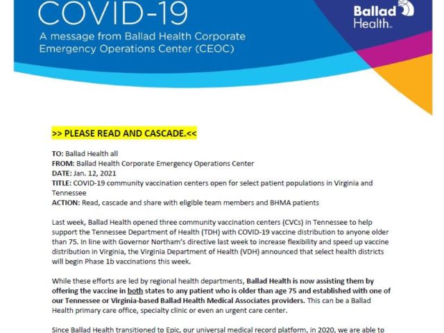 COVID-19 community vaccination centers serving select patient populations in Virginia and Tennessee