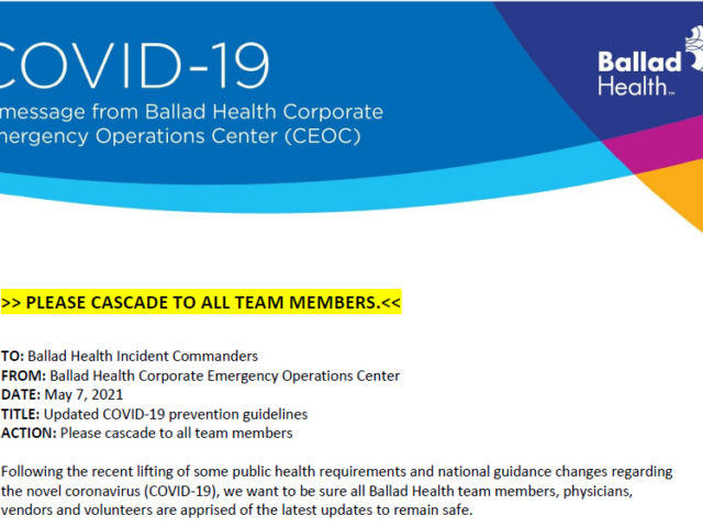 Message from Ballad Health CEOC: Be aware of latest updates to our COVID-19 safety guidelines