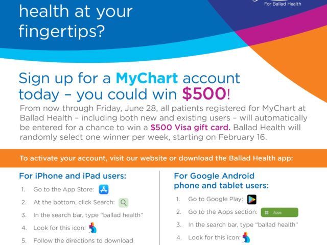 Reminder: Our MyChart sweepstakes is on; anyone with a MyChart account is eligible to win $500!